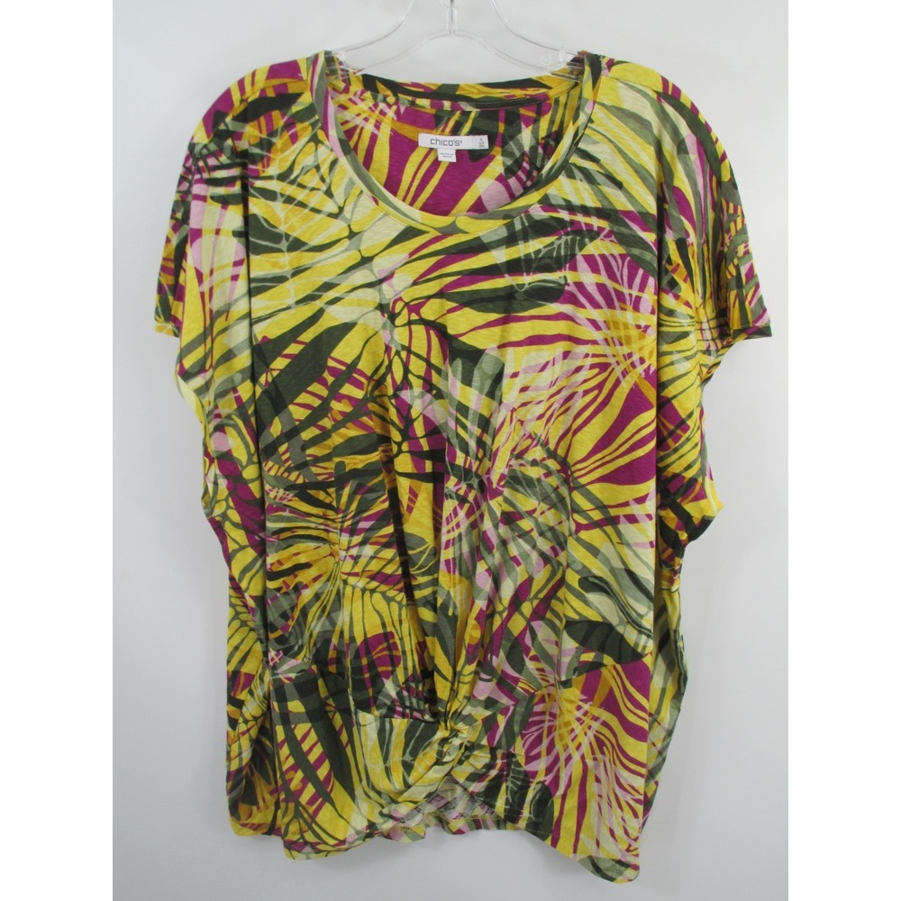 Chico's Pullover Knit Top Women XXL 4 Multicolor Twist Hem Tropical Vacation